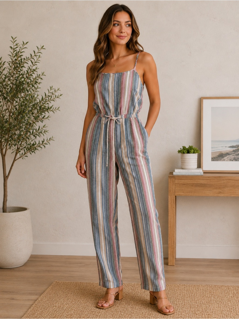 Cisono Striped Tie Waist Jumpsuit Size Small Boho Linen Blend